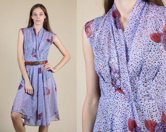 70s Sheer Floral Dress // Vintage Lavender Wrap Knee Length Dress - XS/Small