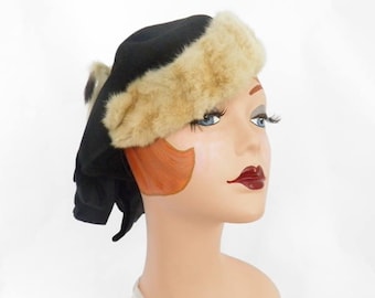 1930s 1940s hat, black tilt with fur trim, rabbit bunny fur accent