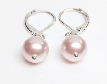 Pink pearl leverback earrings, pearl earrings, pearl leverback earrings, pearl drop earrings, bridesmaid earrings, wedding earrings