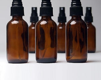 Lot of 12 - 2 oz (60ml) Amber Boston Round Glass Bottles Black Fine Mist Sprayer - Essential Oil, Perfume, Floral Waters, Spritz