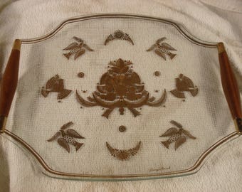 Georges Briard Design Serving Tray - Wood Handles - Gold Birds - 1960s