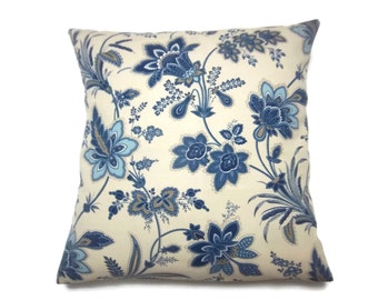 Decorative Pillow Cover Navy Blue Denim Blue White Taupe Ecru Floral Design Accent Toss Throw Same Fabric Front/Back 18x18 inch x