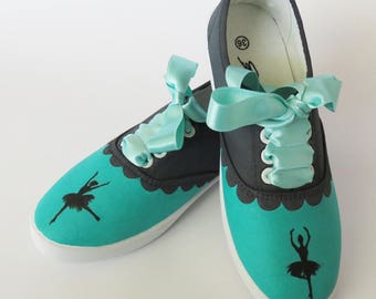 Hand Painted and Decorated Sneakers with Ballerinas, Canvas Shoes, Casual Sneakers, Sport, Custom, Gift for friend