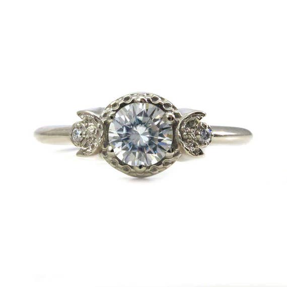 Diamond Crescent Moon Engagement Ring - Diamonds or Forever One Moissanite Crescent Moon Phase Gold 3 Stone Ring