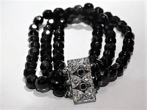 French Jet Black Glass Bracelet / Mid Century Bracelet / Black Bracelet