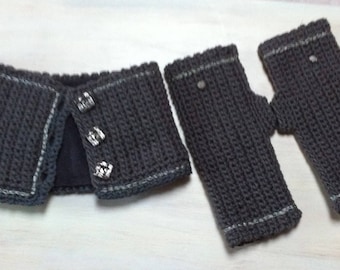 Snood and mittens gray crochet embroidered