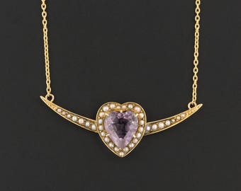Amethyst Heart Necklace | Antique Pin Conversion Necklace | Amethyst & Pearl Necklace | 14k Gold Amethyst Necklace | February Birthstone