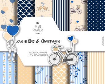 Balloon - Bird - Bike - Valentines Digital Paper: "Love in Blue & Champagne" scrapbooking, invite, card – perfect for Shabby projects