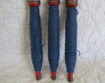 3 Antique wooden Industrial Thread Spools bobbins Blue Thread Red Spools