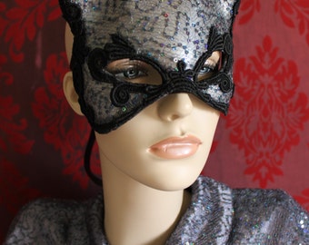 Russian Blue - Irridescent Grey Sequined Leather Kitty Cat Mask With Silk Lace Detail.- Ready to ship