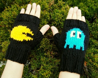 Retro Arcade Inspired Fingerless Gloves - Hand Knit Retro Gaming Gloves - Cosplay Gloves with Blue Ghost