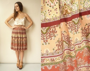 Vintage 1980's Floral Folk Pattern High Waisted Midi Skirt Size XS