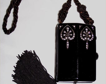 Chic CELLULOID 1920s Vintage VANITY Compact Purse ~Deco BAKELITE Flapper Bag ~Rhinestones & Marcasites + Tassel ~Nouveau Spades Design