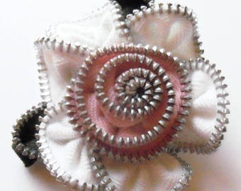 White and Pink Floral Brooch / Zipper Pin by ZipPinning 2869