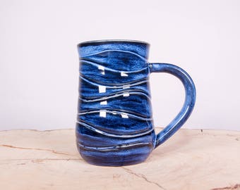 Blue Wave Handmade Coffee Pottery Mug, Large Handmade mug, White stoneware mug, Wheel thrown pottery mug