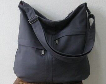 Sale - Zipper Closure Grey Cotton Twill Bag - 2 Front Pockets with Adjustable Strap