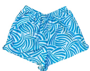 Vtg Hot Shorts Satin High Waisted blue white Bathin Suit cover beach womens vintage cover up by Lands End Slinky nylon spandex sale festival
