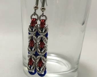 Patriotic, Blue, Silver and Red Classic Byzantine Shiny, Long Earrings for Memorial Day, Fourth of July, Independence Day, Bastille Day