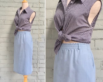 1970s blue a-line skirt / 70s midi skirt / 1970s pale blue skirt / 70s casual skirt