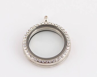 30mm Silver Rhinestone Magnetic Open Floating Locket/Memory Locket/ Living Locket
