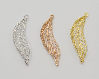 Leaf Pendant, Cubic Zirconia, Rhodium, Gold, Rose Gold, Gunmetal, 35mm x 11m, 1 Piece