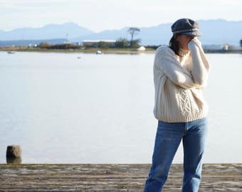 Classic Ecru Fishermans Cable Knit Wool Sweater Size M
