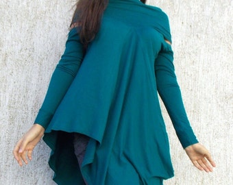 Flared Teal Viscose Tunic / Plus Size Asymmetrical Flared Tunic TT38
