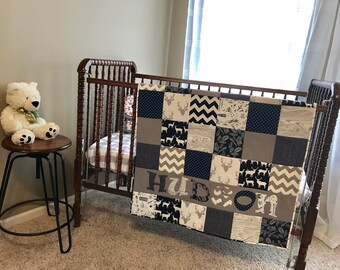Woodland Personalized Baby Quilt, Blanket, Crib Size, Navy Blue, Gray, Rustic, Deer, Antlers, Elk, Feathers, Nursery, Name, Navy Blue, Boy