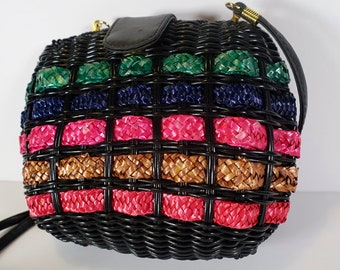 80s Black Wicker Rattan Dark Rainbow Stripe Picnic Basket Basket Weave Crossbody Handbag Clutch