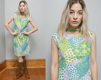 Sale 40% Off VTG 60's Mixed Pattern Floral MOD Psychedelic Dress - S