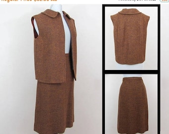 SALE 20% off - 1960s Skirt & Zipper Vest Set - Cinnamon brown tweed - M-L