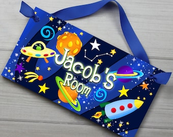 DOOR SIGN Blast Off Boys Bedroom Outerspace Rocket Ship Wall Art DS0015