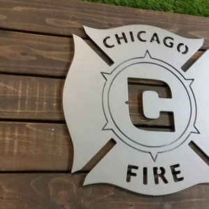 Chicago Fire MLS Sign with Maple Backdrop Metal Style Sign MDF Board Cut Out Logo With Faux Metal Finish Rustic Pallet Wood