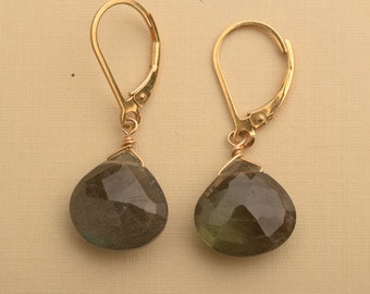 Labradorite Earrings, Gemstone Earrings, Blue Gray Gemstone Earrings, Gold Leverback, Healing Gemstone Jewelry