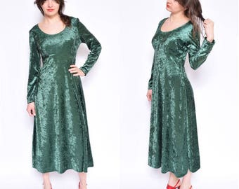 Vintage 90's Dark Green Velvet Dress / Maxi Velvet Dress / Long Sleeve Velvet Dress - Size Medium