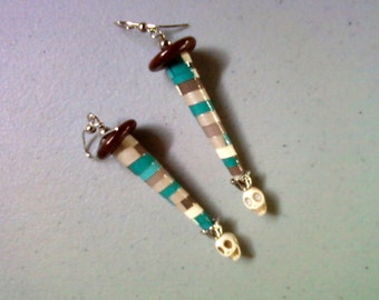 Teal, Taupe, Brown and Ivory Skull Earrings (1301)