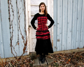 Harlequin Red Black Tiered Ruched Tea Length Dress// Reconstructed// Altered Clothing// Medium// emmevielle