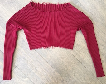 Distressed Ribbed Crop Sweater