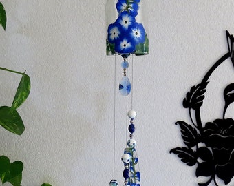 Glass Wind Chime, Recycled wine bottle wind chime, Flowers, Sun catcher, Blue Delphinium, yard art, clear glass, Delphiniums, blue flower