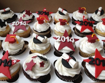 Graduation diplomas, caps, stars with Year, and Stars handmade edible fondant cupcake toppers made by FancyTop Cupcake