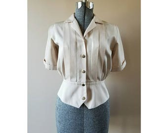 1950's Vintage Greif Career Apparel subtle striped front pleated peplum blouse.