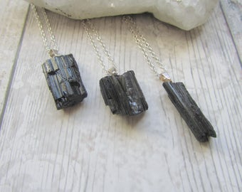 Black Tourmaline Pendant - Raw Rough Rock Necklace, Gemstone, Silver Plated