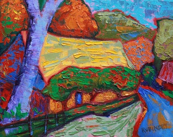 Phillips Mill, Bucks County, PA, 8" x 10" original oil landscape painting, canvas, L Rubinetti, colorist painting, palette knife, autumn