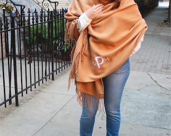 Monogrammed Blanket Scarf - Camel Fringed Poncho