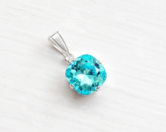 Light Turquoise Swarovski Crystal Pendant Necklace, Aqua Blue Bridesmaid Necklace, Light Teal Blue Crystal Cushion Cut Bridesmaid Necklace
