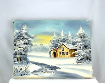 Vintage Small Painting Cabin in the Woods - 1970s, Signed Barrister
