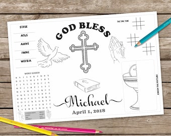 First Communion Coloring Page,First Communion Activity Mat, First Communion Printable Placemat, Religious Game Placemat