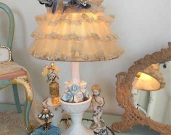Vintage Table Lamp~Porcelain Robin BLUE Barbola Roses~French Chic Brocante