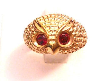18K Gold over Sterling Silver Red CZ Eyes Owl Ring