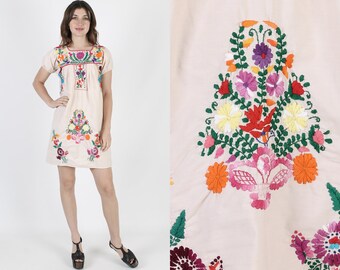 Womens Mexican Dress Ethnic Dress Boho Dress Beige Dress Vintage 70s Floral Embroidered Fiesta Puff Sleeve Hippie Cotton Mini Dress S
